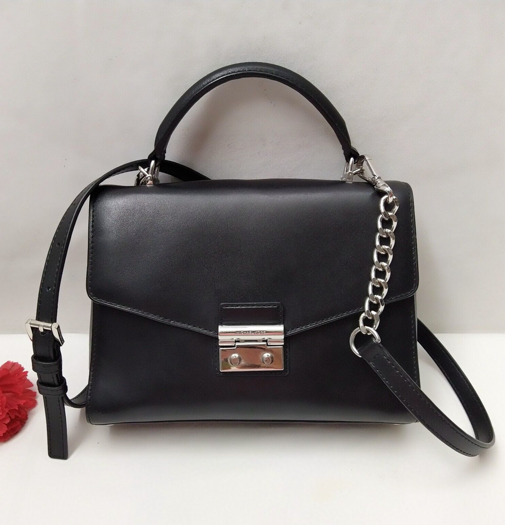 Michael Kors Black Leather Pushlock Flap Closure Chain Strap Crossbody Bag